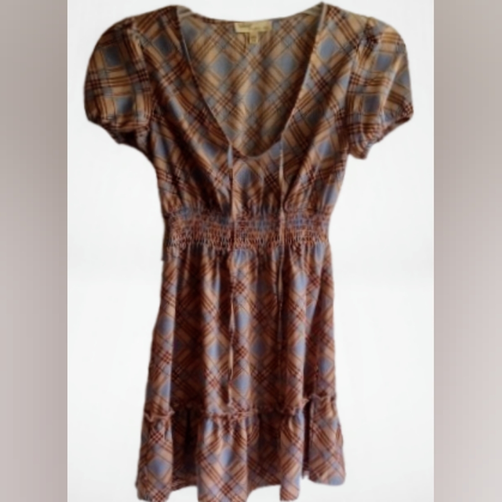BEBOP Juniors' Brown-Cream Plaid Short Sleeve Fit & Flare Dress